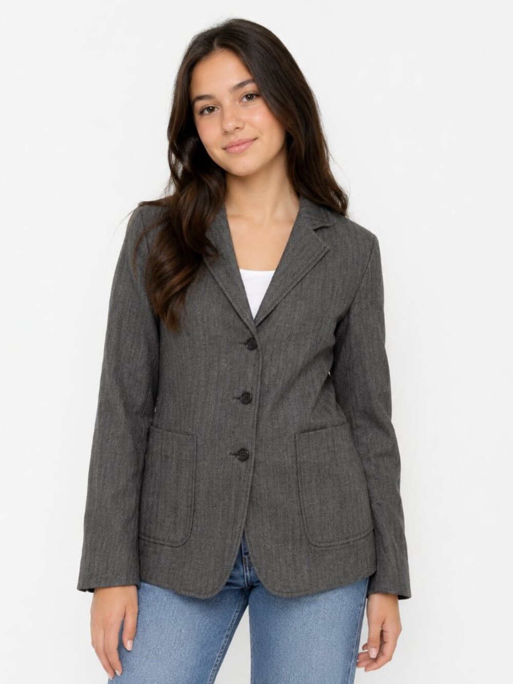 Y2K Express Womens Jr Blazer Size 9/10 Stripes Wool Blend Gray Stretch Office